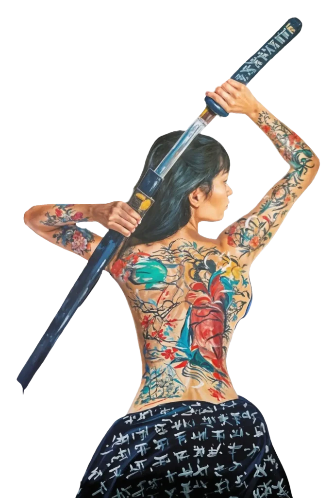 tätowierte Frau mit Katana Schwert