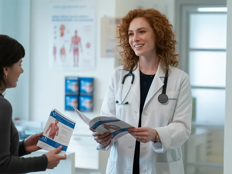 Werbeverbot für Ärzte, Bild zeigt eine Ärztin mit einer Broschüre in der Hand