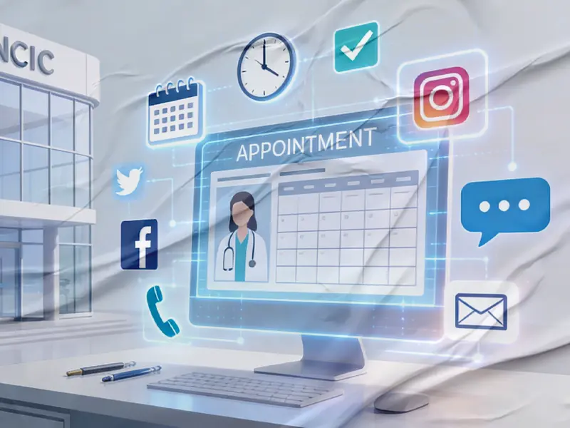 Ein Bild zu Praxismarketing, zeigt einen Desktop mit verschieden social media icons. Gemeint ist Online-Terminbuchung mit Doctolib.