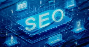 Ein Banner zum Thema SEO-Trends und KI-Suche 2026. Bas Bild Zeigt SEO als Überschrift auf blauem Hintergrund