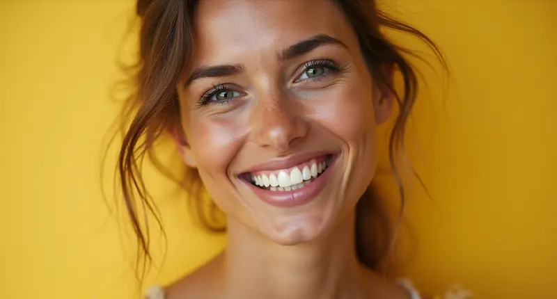 Ein Werbeposter zu Praxismarketing "Warum ist Praxismarketing wichtig? " Eine Frau mit schönem Lächeln und gesunden weißen Zähnen auf gelben Hintergrund